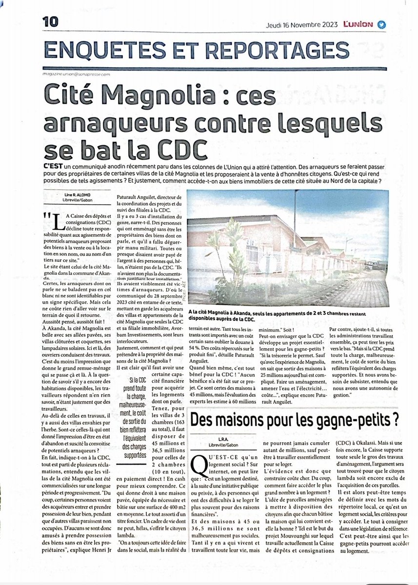 CDC_Gabon's tweet image. 📬 [𝐑𝐞𝐯𝐮𝐞 𝐝𝐞 𝐩𝐫𝐞𝐬𝐬𝐞] #LUnion

[Enquêtes et Reportages] Cité Magnolia : ces arnaqueurs contre lesquels se bat la CDC

#𝐂𝐃𝐂
#𝐫𝐞𝐯𝐮𝐞𝐝𝐞𝐩𝐫𝐞𝐬𝐬𝐞 
#𝐆𝐚𝐛𝐨𝐧 🇬🇦
