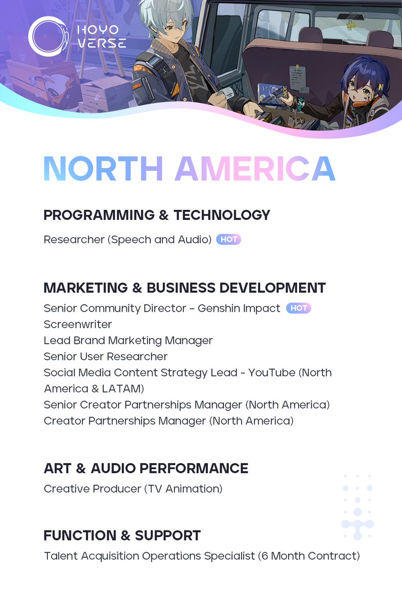 LifeAtHoYoverse's tweet photo. 💡 Ready for a game-changing journey?

🌍 HoYoverse is currently recruiting for various positions in Singapore and North America.

🎯  Apply today: https://t.co/bV68Muea1Q

#HoYoverse #OpenPositions #Hiring https://t.co/Ixve17vs9A