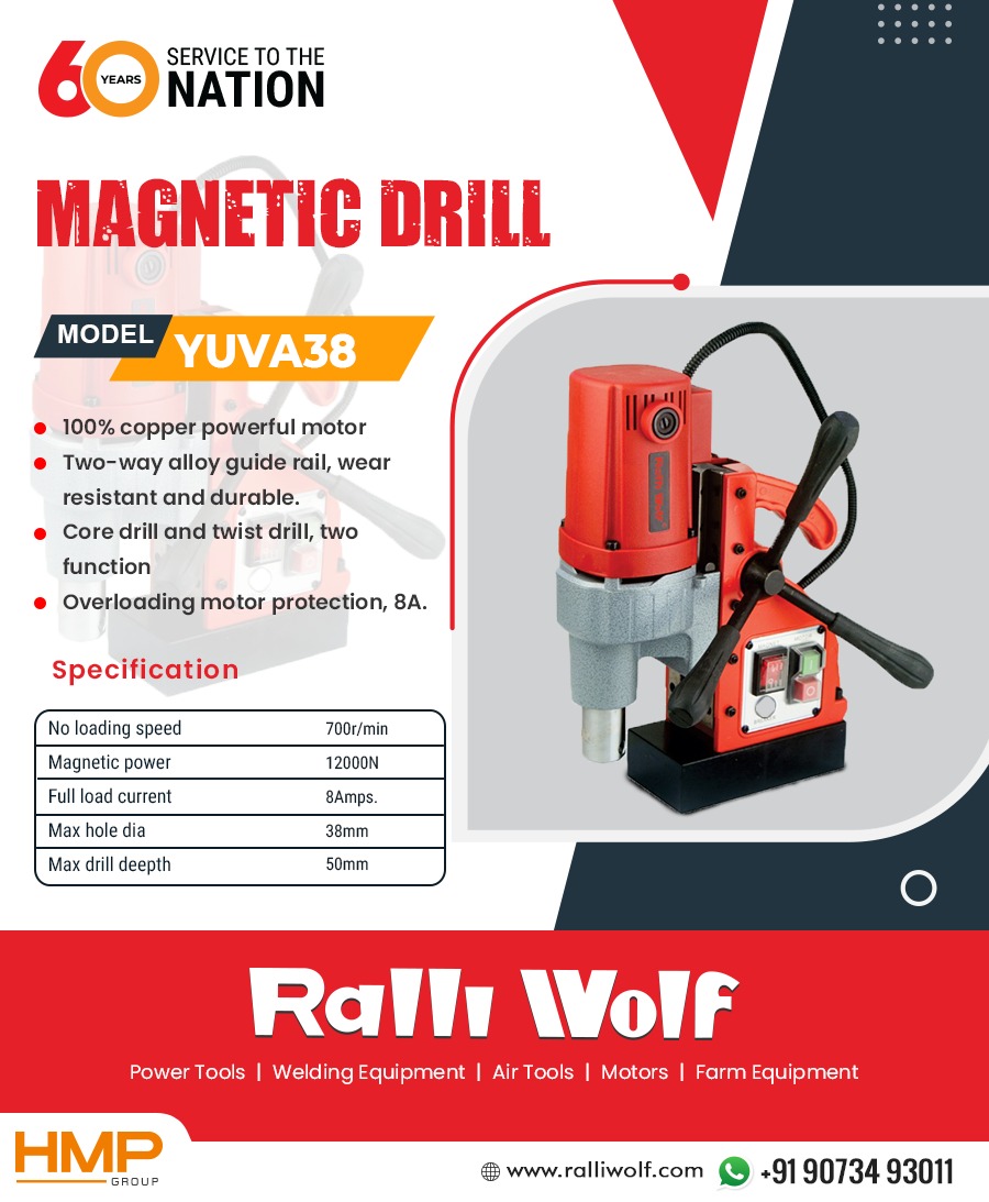 Ralli_Wolf's tweet image. Ralli Wolf Yuva38 Magnetic Core Drill is compact, lightweight with a copper powerful motor and overloading motor protection. For more information visit: bit.ly/3QKhzmX
#magenticcoredrill #drillingmachine #yuva38 #powertools #ralliwolf ralliwolf.com