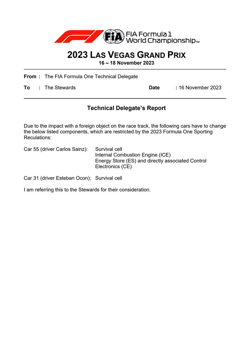 New document: Incident on Race Track during P1 Published on 17-11-2023 08:10 CET fia.com/sites/default/… #F1 #Formula1 #FIA #LasVegasGP 🇺🇸