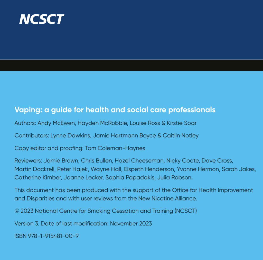 Just started to read this guide but am bigly comfy boosting @NCSCT's version 3 #vaping guide for HCPs and other social care professionals.

Check out who worked on it!

@HaydenMcRobbie @grannylouisa @soar_dr @LynneDawkins @jhb19 @AddictionUea plus power gallery of reviewers!
