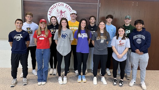Thirteen Abington seniors were recognized Thursday for committing to compete in their respective sport at the collegiate level.
<a href="/AbingtonSchools/">Abington School District</a> <a href="/AbingtonSenior/">Abington Senior High School</a> <a href="/goghostssball/">Abington Softball</a>
<a href="/Abington_FH/">Abington Senior High Field Hockey</a> <a href="/abingtonwlax/">Abington Women’s Lacrosse</a> 
suburbanonesports.com/college-signin…