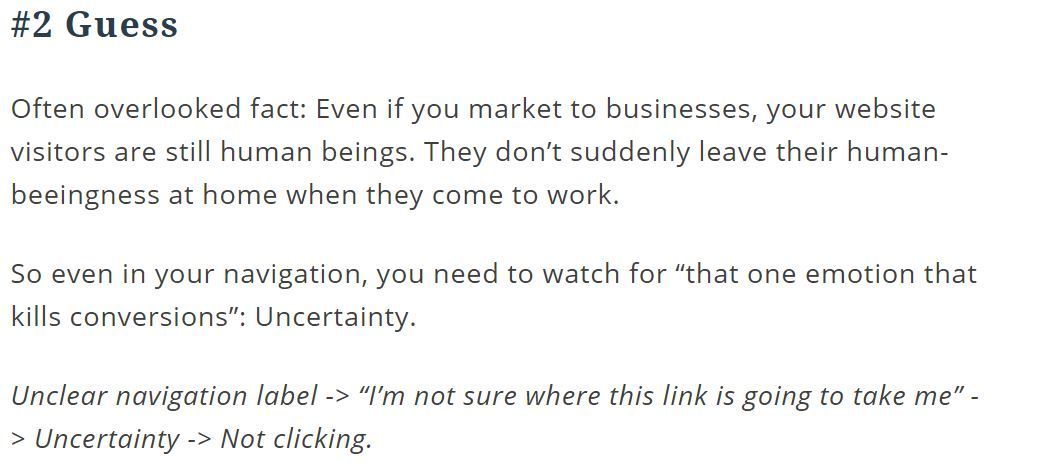 #2 of 3 things your website navigation shouldn't make your visitors do: Guess. Here's why &gt;&gt; bit.ly/2tZcMHk #smallbusiness #website #ux
