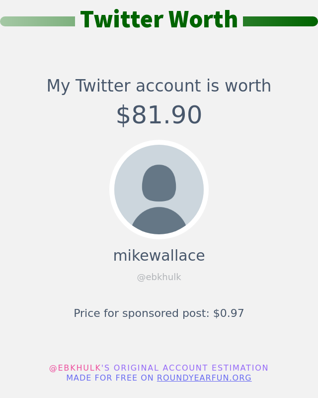ebkhulk's tweet photo. My Twitter worth is: $81.90

➡️ https://t.co/J0ftGoKX9k https://t.co/R5WaSOT1cK