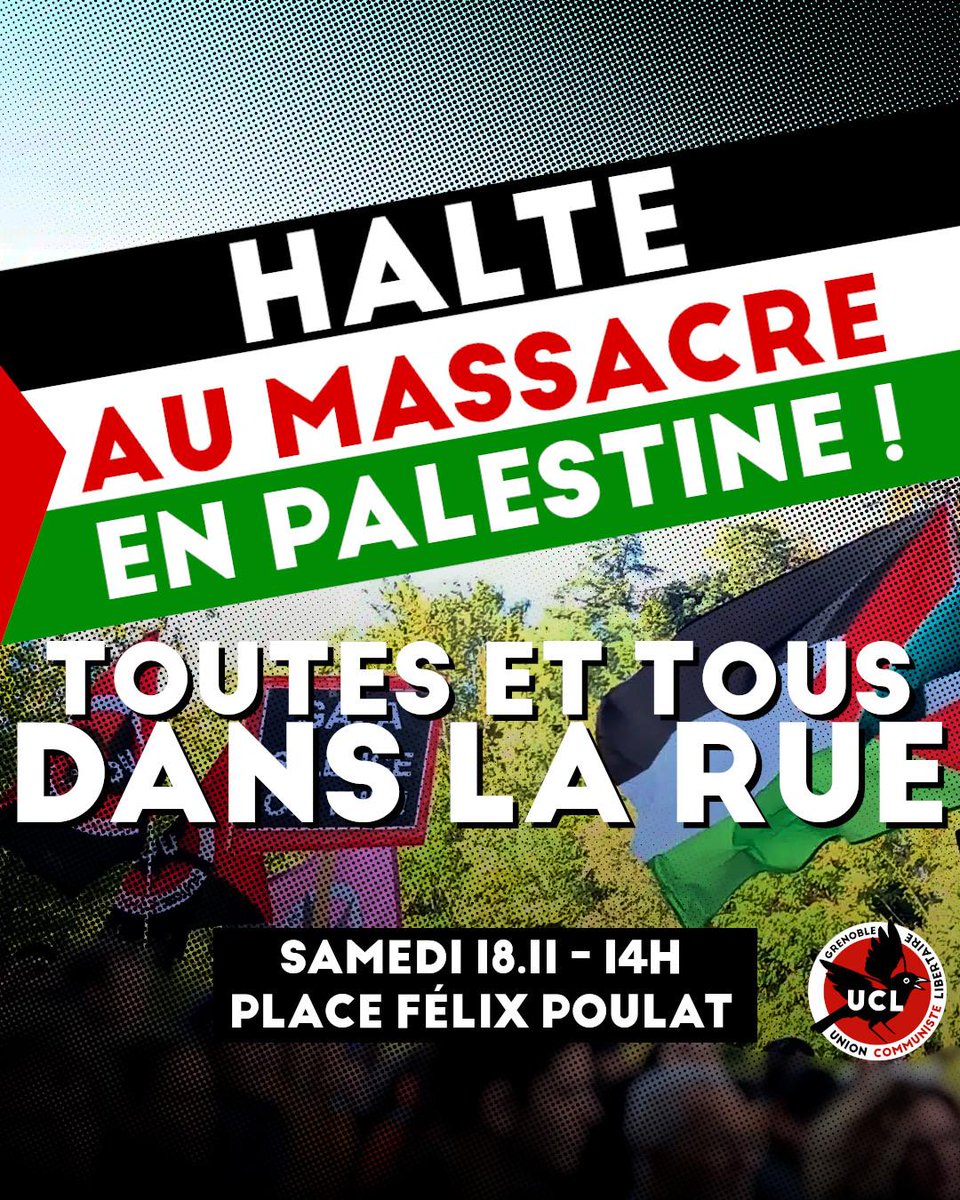 GrenobleUcl's tweet photo. De la mer au Jourdain, soutien à la Palestine ! 🇵🇸
Halte au massacre ! 

Les mobilisations continuent : 
📍 GRENOBLE : 14h30 place Félix Poulat 
📍 BOURGOIN-JALLIEU : 14h30 place de la République 
📍 VIENNE : 14h30 champ de Mars.

Soyons nombreux et nombreuses ✊ https://t.co/z31slMRWDi