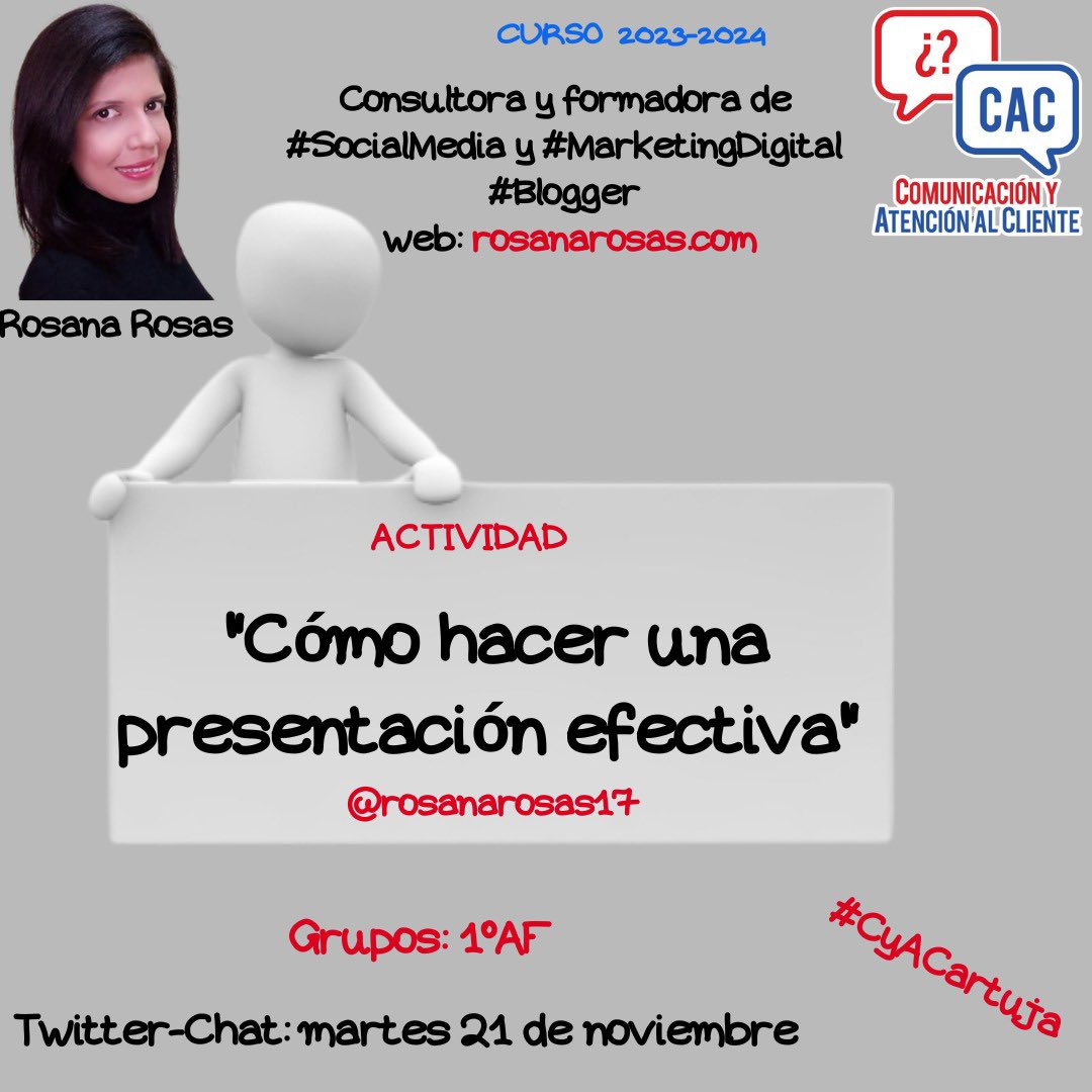 Y la semana que viene celebraremos un #TwitterChat con @rosanarosas17 sobre cómo hacer una presentación efectiva ¡martes 21 de noviembre! ¡¡No te lo pierdas, lee sus artículos y participa!!

#CyACartuja #FP #Comunicación