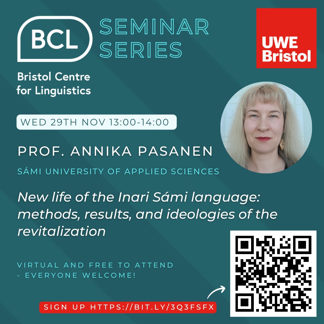 uwelingo's tweet image. Looking forward to our next Bristol Centre for Linguistics seminar of the year! Annika Pasanen from Sami University of Applied Science will join us on 29th November to share her insights into the #languagerevitalisation of Inari Sámi. Register: bit.ly/3Q3FsFX