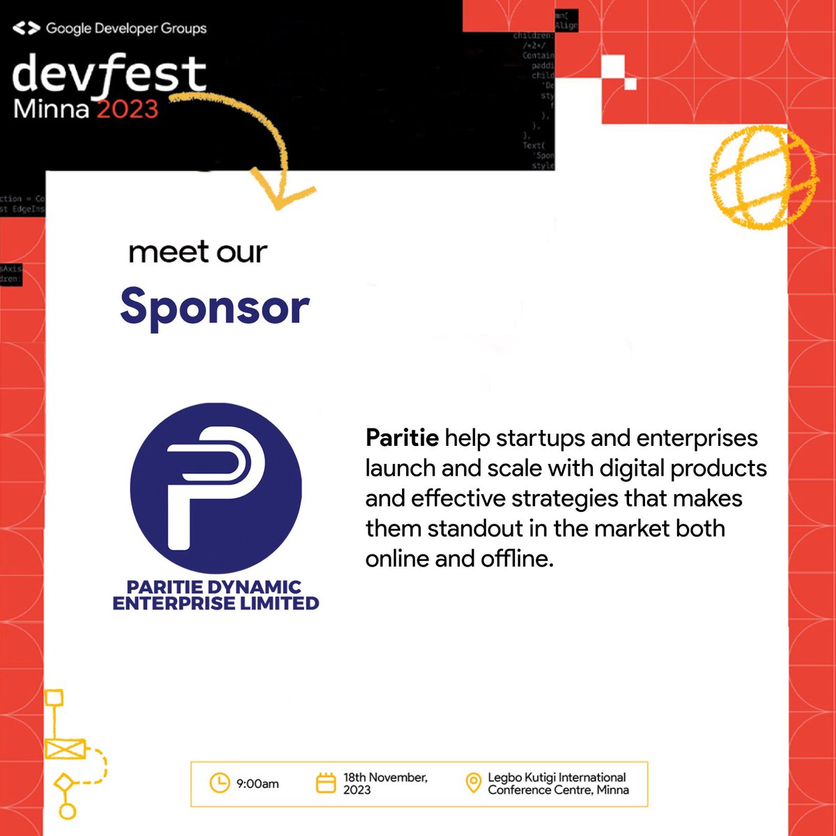 Meet our #DevFestMinna Sponsor <a href="/paritiehub/">Paritie Innovation Hub</a> 
Paritie helps startups and enterprises launch and scale with digital products and effective strategies that make them stand out online and offline in the market.
 #devfest 
#DevFestMinna23
RSVP here: tiny.cc/devfestminna23