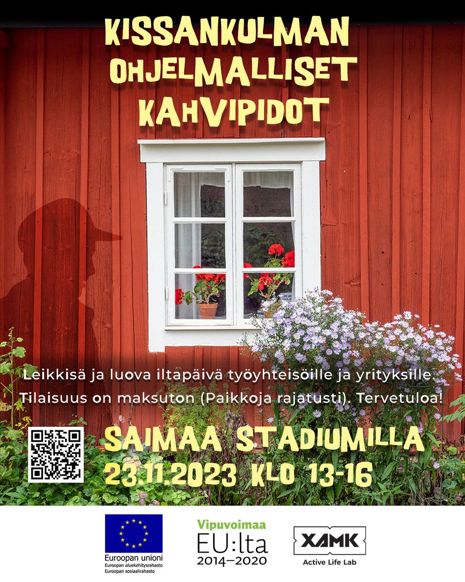 Hei eteläsavolainen töissä käyvä/yrittäjä.  Vielä ehdit ilmoittautua ilmaiseen Kissankulman ohjelmalliset kahvipidot -tapahtumaan  ensi to 23.11. klo 13-16  (Saimaa Stadiumi, Mli) ILMOITTAUDU lyyti.in/kissankulma #etänäjalivenä #luovatyhy #luovatmenetelmät #esr #esrreact #xamk