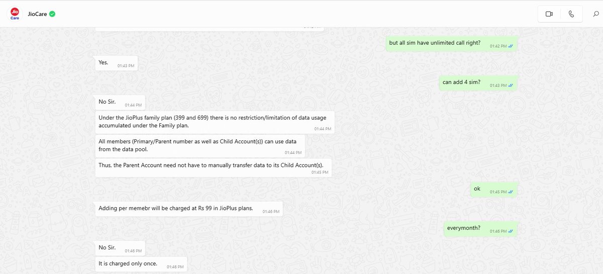 ShaileshML's tweet photo. Jio is cheating with customer. I confirmed about plan before converting pre to postpaid . his agent said 99 in one-time charge for the child account. I asked many times over chat. after 1 st bill said 99 is every month. @reliancejio @JioCare #froud https://t.co/B4aYjicq6S
