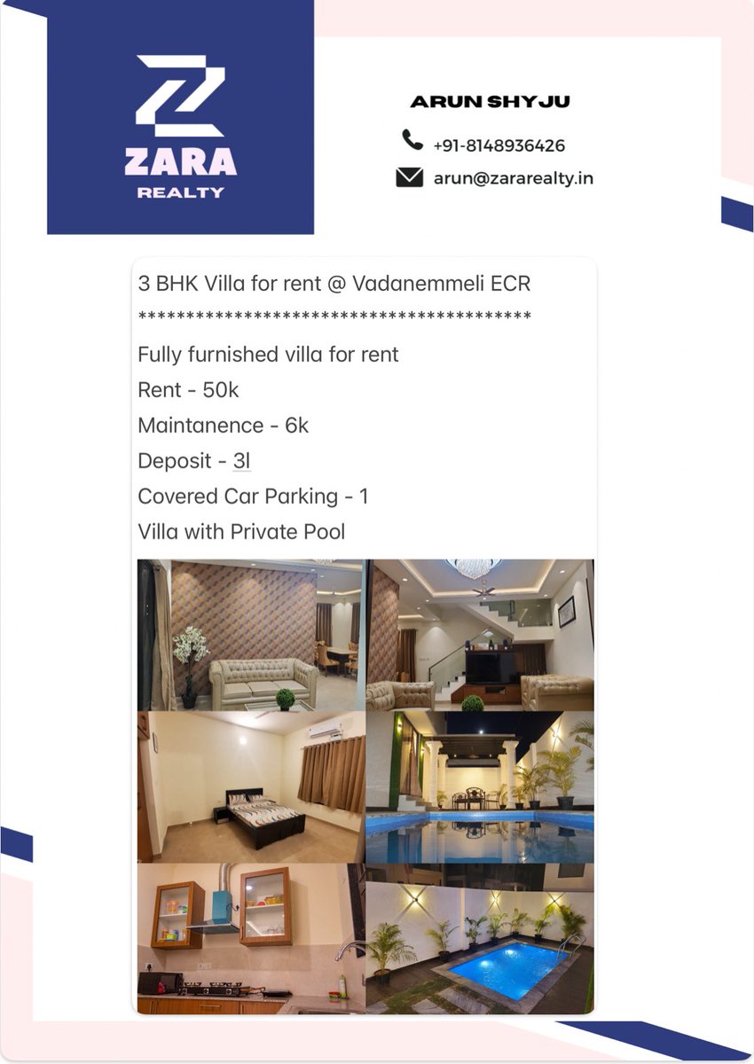 3 bhk fully furnished villa for rent
For further details please WhatsApp the below number #RealEstate #ChennaiRealestate #Buying #selling #rental #Villa