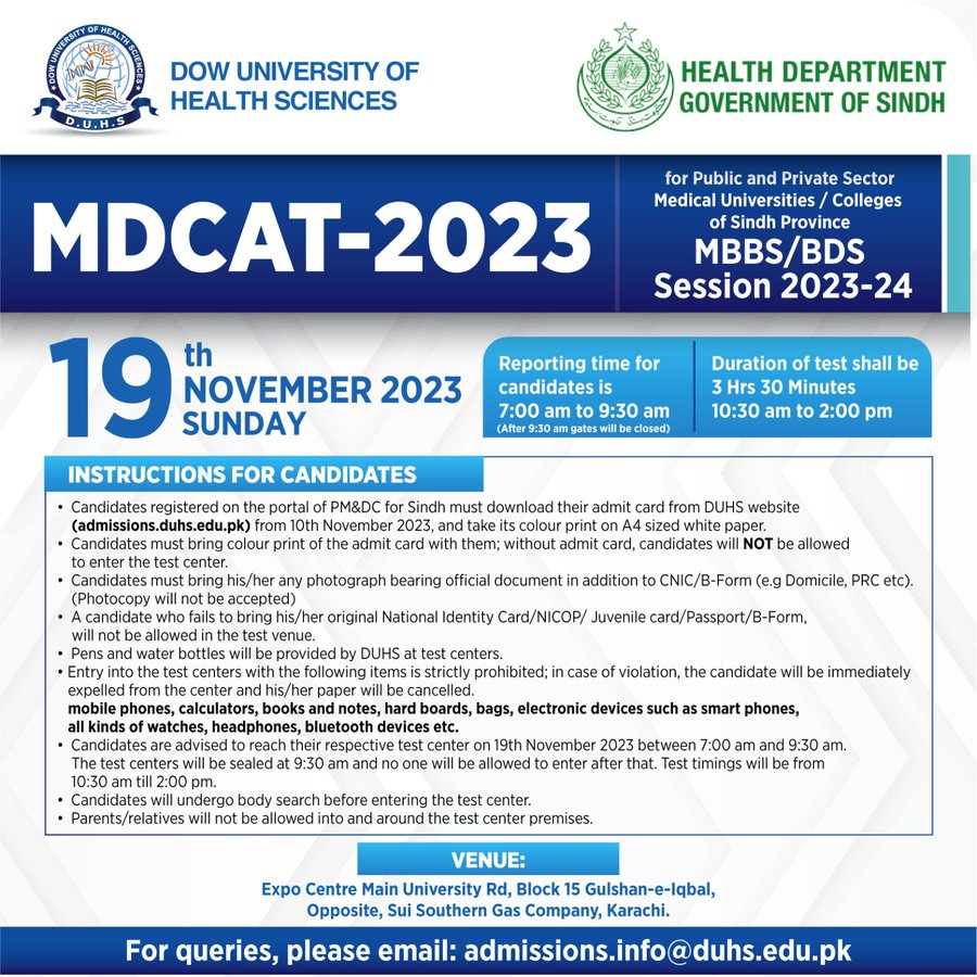 theplsacademy's tweet photo. Sindh MDCAT will be also on 19 November.
MDCAT 2023 for public and private sector medical university /colleges of Sindh province.
#SindhMDCAT #MDCATReconduct https://t.co/xigLdGRgeb