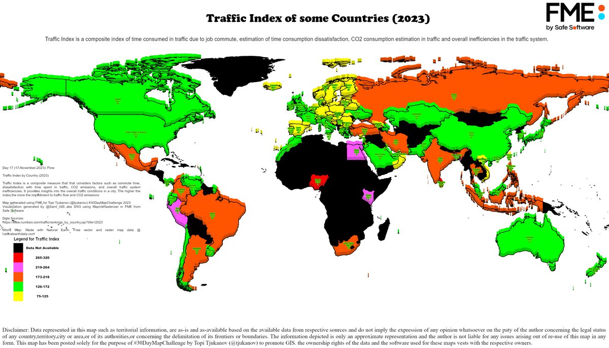 Saint_GIS's tweet photo. 17-Nov-23 Day 17: Flow
#30DayMapChallenge 2023 @tjukanov
Traffic Index by Country (2023)
Visualization generated using #MapnikRasterizer in #FME from @SafeSoftware https://t.co/wIFEuxuxqJ