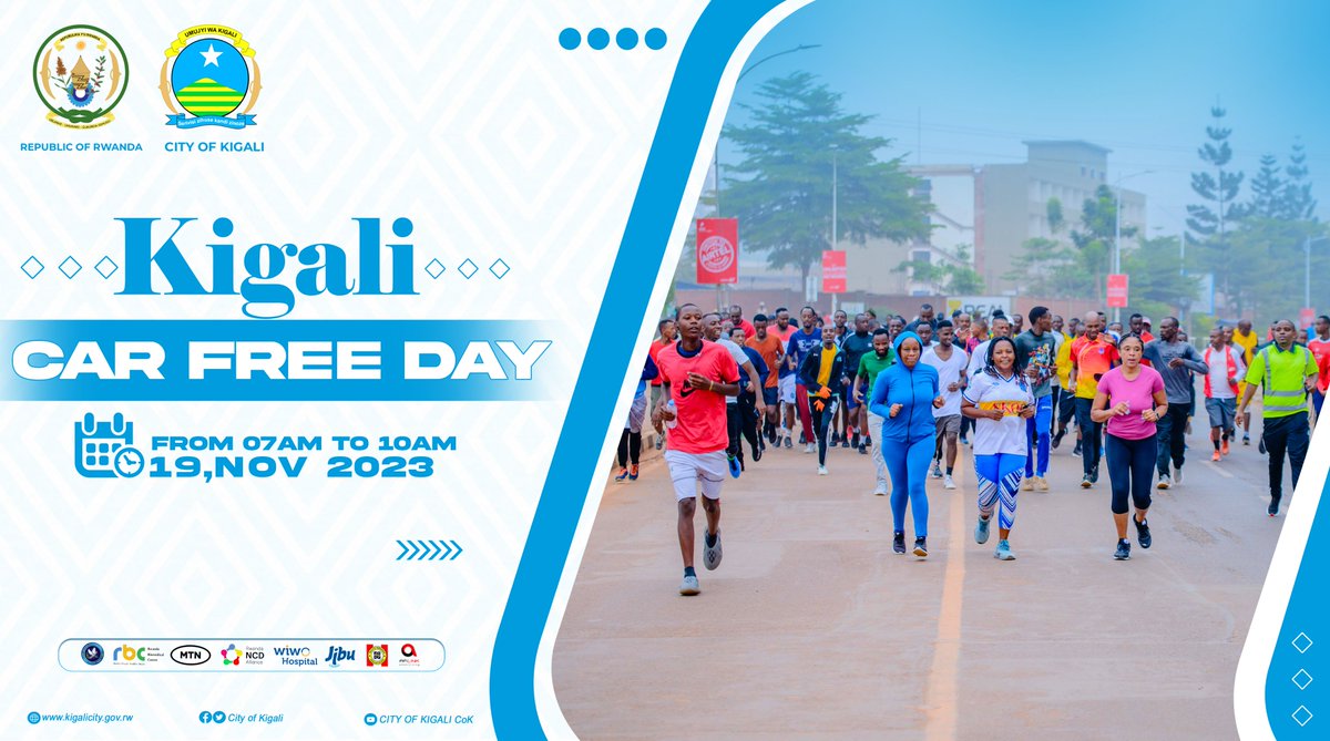 The bi-monthly mass sport #CarFreeDay is set on Sunday 19th November 2023 in all our three districts: @Gasabo_District @Nyarugenge & @KicukiroDistr. Being physically active can: ➡️Improve your brain health, ➡️Help manage weight, ➡️Reduce the risk of disease, etc.