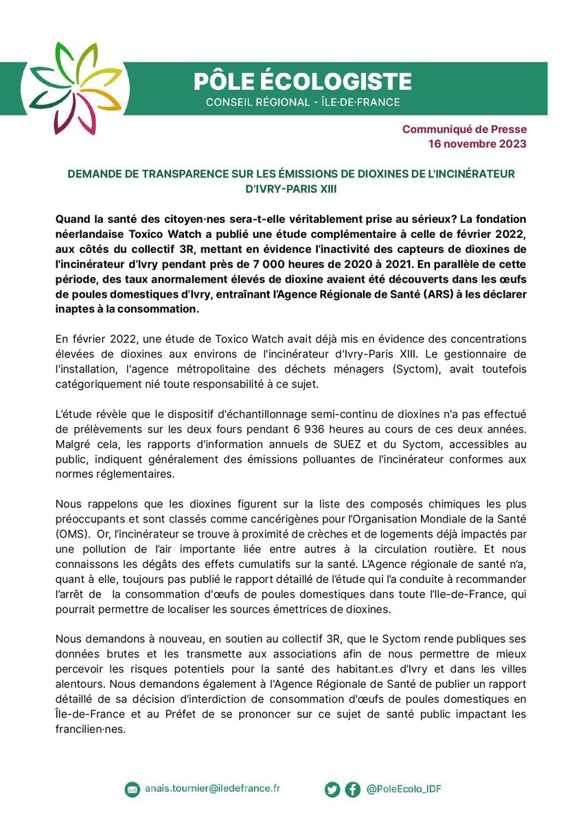 PoleEcolo_IDF's tweet photo. ⚠️Quand la santé des citoyen.nes sera-t-elle prise au sérieux?
🔎 Dysfonctionnements de capteurs de l’#incinérateur d’#Ivry pendant 7 000 heures, en parallèle d’une concentration élevée de #dioxine .
➡️Nous demandons des éclaircissements au Préfet, à l’ARS et au Syctom. https://t.co/ydJfyNS0Fo