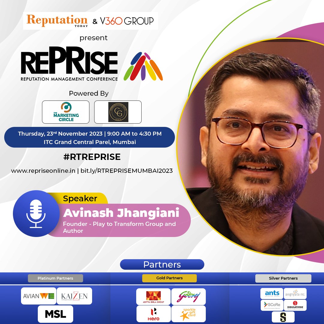RepTodayMag (@reptodaymag) on Twitter photo <a href="/Bhairavi_Jani/">Bhairavi Jani</a> <a href="/AartiKelshikar/">Aarti Kelshikar</a> Avinash Jhangiani, Founder, Play to Transform Group and Author will join #RTREPRISE as a Keynote Speaker. REPRISE 2023 will be held on Thursday, 23rd November 2023 in Mumbai
Visit repriseonline.in for more information. <a href="/Bhairavi_Jani/">Bhairavi Jani</a> <a href="/AartiKelshikar/">Aarti Kelshikar</a> Avinash Jhangiani, Founder, Play to Transform Group and Author will join #RTREPRISE as a Keynote Speaker. REPRISE 2023 will be held on Thursday, 23rd November 2023 in Mumbai
Visit repriseonline.in for more information.