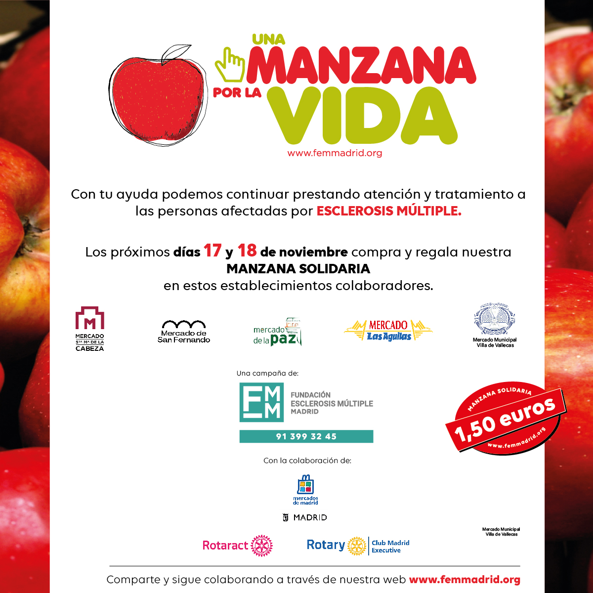 ¡Llegó el día 🥳! Hoy y mañana venderemos muchas manzanas solidarias 🍏🍎para sensibilizar en #esclerosismultiple y recaudar fondos para #neurorrehabilitación

Y lo haremos con la colaboración de #MercadosdeMadrid en 5⃣ equipamientos de esta red municipal

¡Ven y colabora 🔛!