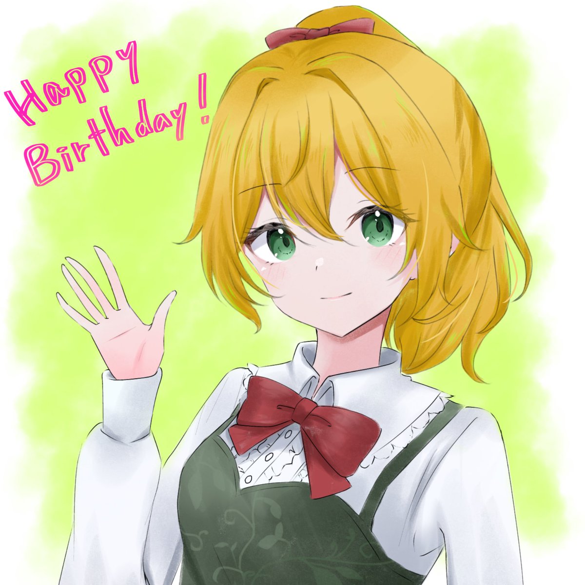 1girl blonde hair solo green eyes red bow happy birthday bow  illustration images