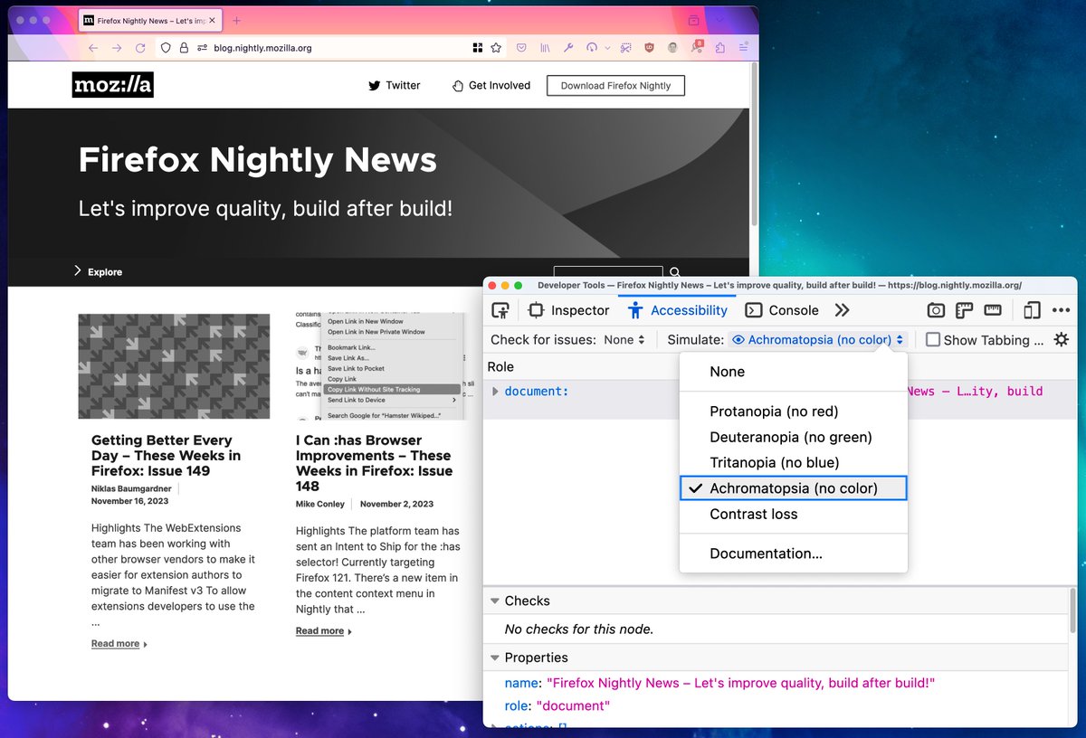 colorblindaccessibilitymanifesto.com

In the Accessibility panel, you can simulate various forms of color vision deficiency, so you can design your pages making sure everybody can use them.
Check the documentation: firefox-source-docs.mozilla.org/devtools-user/…

#a11y