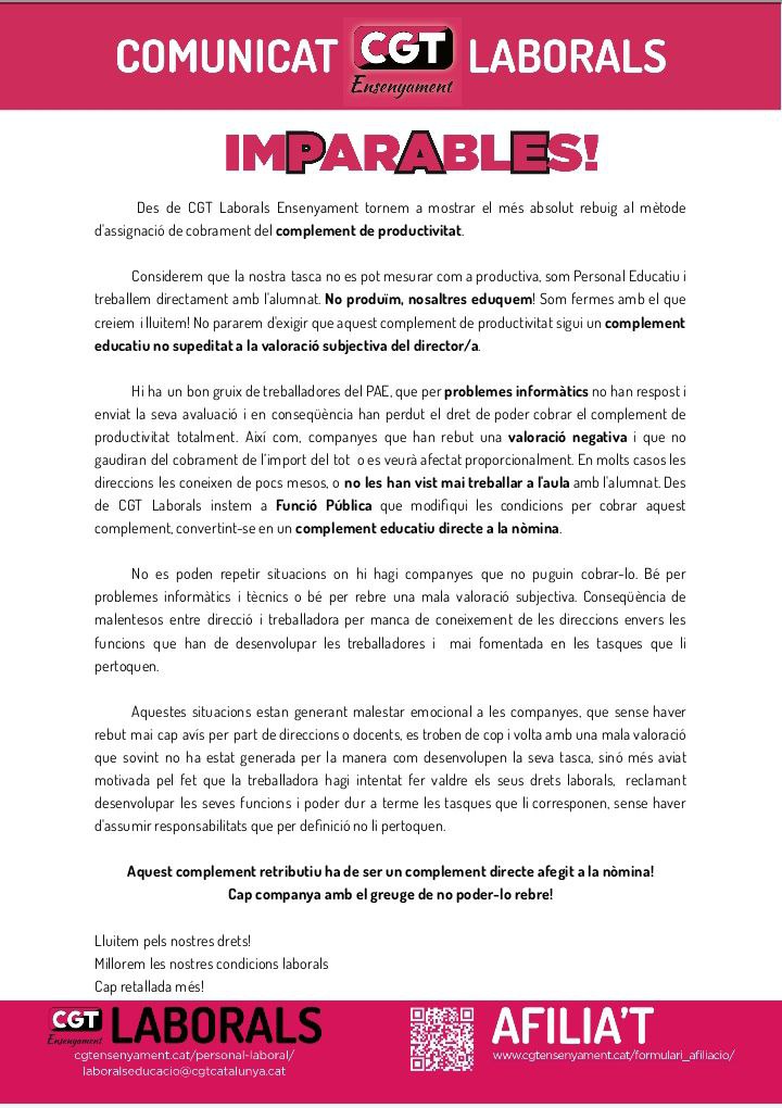 CgtLaborals's tweet photo. No produïm, eduquem!

La nostra tasca no es pot mesurar com a productiva, som Personal Educatiu i treballem directament amb l'alumnat.  

Exigim un complement directe a la nòmina!No subjecte a valoracions de direccions tòxiques. 
#imParAblEs #CGTEnsenyament #SomPAE 
@educaciocat https://t.co/9gDhB1BU6F