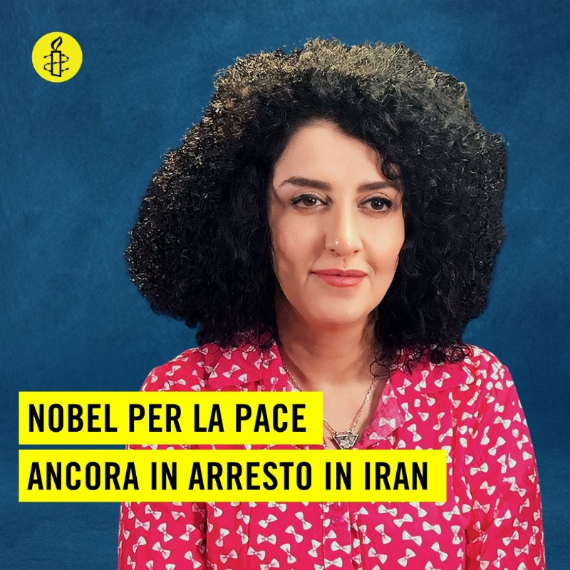 amnestyitalia's tweet photo. 🔴Narges Mohammadi, attivista per i diritti umani e Nobel per la pace 2023, è ancora incarcerata a Teheran.

Condannata a oltre 11 anni di carcere e 154 frustate, per aver chiesto l’abolizione della pena di morte in Iran.

Firma ora l'appello per la sua liberazione!