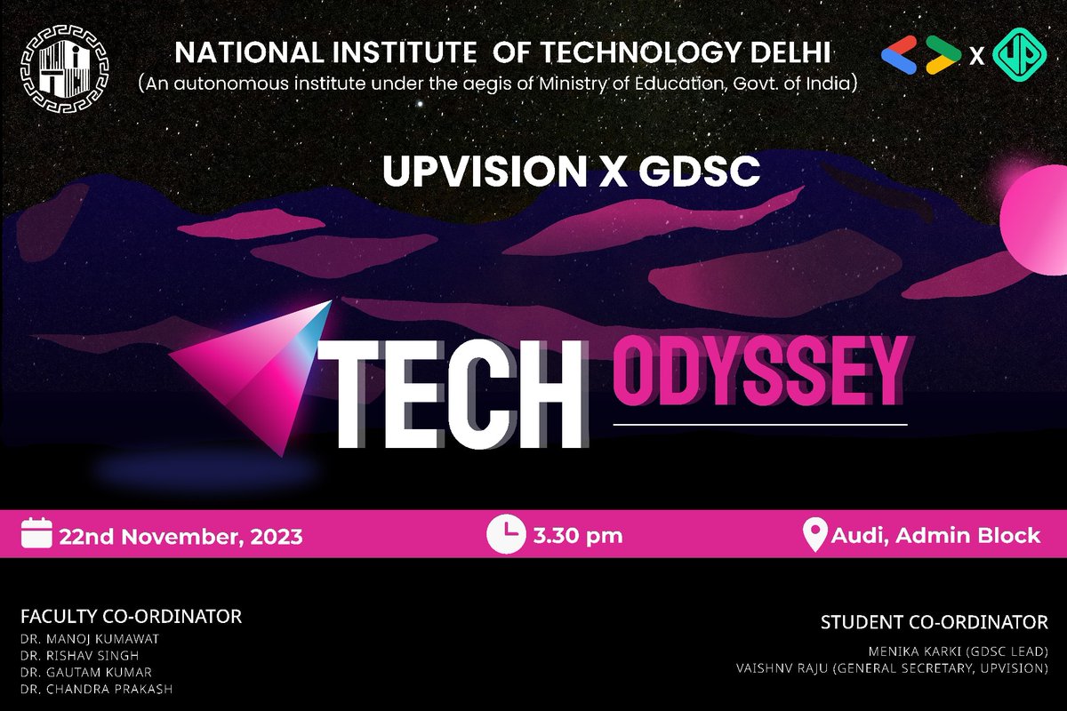 GDSC_NITD's tweet photo. gdsc_nitd GDSC NIT Delhi in collaboration with Upvision invites you all to be a part of the upcoming technical extravaganza Tech Odyssey 2023. Join us for a day filled with innovation, challenges and fun.

#GDSC #Google #Tech #NITDelhi #Upvision #TechOdyssey https://t.co/g7qyQy9Arx
