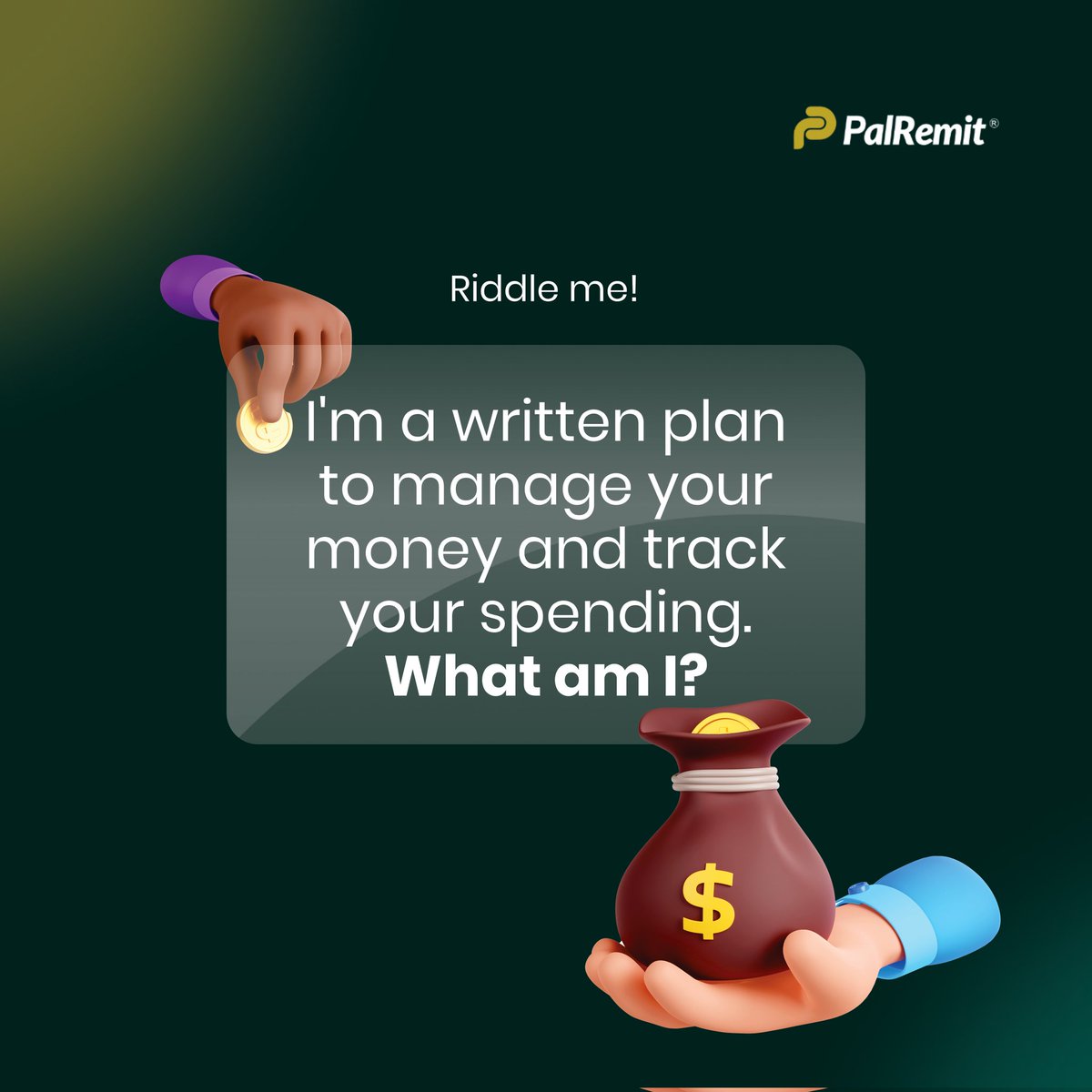 It's the weekend! Yay!💃

Guess the correct answer and win a prize.

First 2 correct answers only.

Let's go!👌

#Palremit
#riddletime #guessthecorrectanswer #fintech #cryptocurrency #theweekend #friday #digitaltrading #digitalcurrency