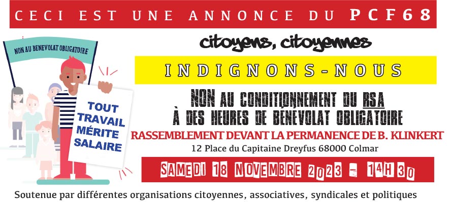 MJCFColmar's tweet photo. Non au projet de loi dit "plein emploi" du gvrnmt Borne/Macron. Non au RSA conditionné!
📍12 Place du Capitaine Dreyfus 
68000 #COLMAR 🕝14H30
Rejoignez &amp; partagez l'évènement afin de donner un maximum de visibilité 👇 https://t.co/DTAHT7d91h
Soyons nombreux ! https://t.co/4BahWVP4FJ