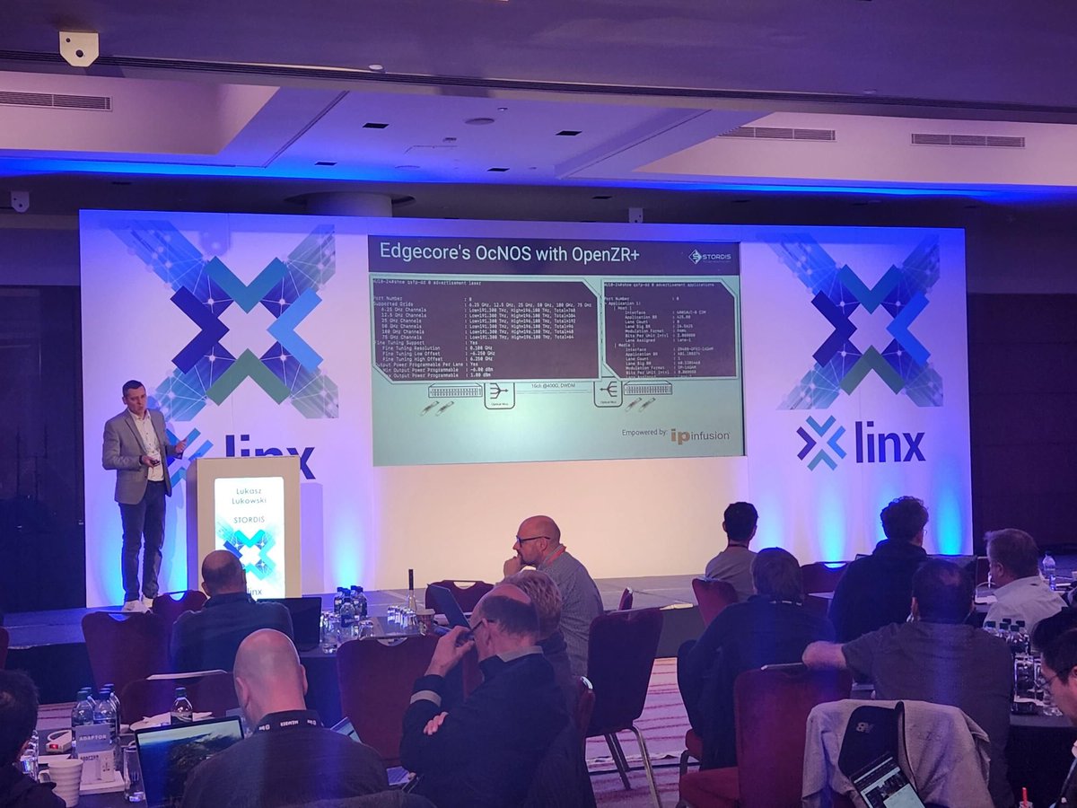 STORDIS_GmbH's tweet photo. Day 1 of #LinxEvent2023 is off to a great start!🌐

Łukasz Łukowski, your presentation on Revolutionizing Telecoms with #400G OpenZR+ in Open Networking Platforms was truly groundbreaking.

#STORDIS #SilverMember #LINX120 #OpenNetworking #TechEvent #Interconnection #OpenZR https://t.co/InkLeamudL