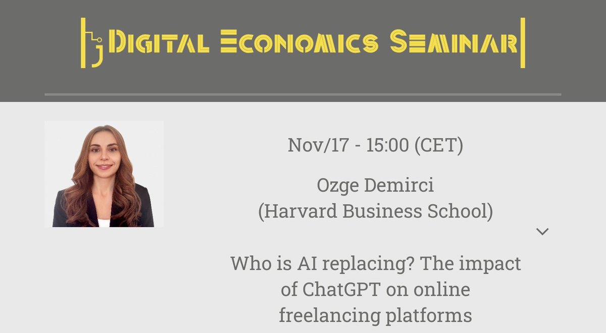 iLab ideal (@ilab_ideal) on Twitter photo 🚨 jDES Nov 17th !
Very glad to listen to Ozge DEMIRCI, <a href="/ozgedmirci/">Ozge Demirci</a> <a href="/HarvardHBS/">Harvard Business School</a>, for a talk on the IMPACT of ChatGPT on FREELANCING PLATFORMS
✒w/ <a href="/zhu_xinrong/">Xinrong Zhu</a> <a href="/imperialcollege/">Imperial College London</a> <a href="/HannaneJonas/">Jonas Hannane</a> <a href="/DIW_Berlin/">DIW Berlin</a>
👉 bit.ly/49t0KWt
🔮 #GenAi #LLMs #digitalplatforms #gigeconomy 🚨 jDES Nov 17th !
Very glad to listen to Ozge DEMIRCI, <a href="/ozgedmirci/">Ozge Demirci</a> <a href="/HarvardHBS/">Harvard Business School</a>, for a talk on the IMPACT of ChatGPT on FREELANCING PLATFORMS
✒w/ <a href="/zhu_xinrong/">Xinrong Zhu</a> <a href="/imperialcollege/">Imperial College London</a> <a href="/HannaneJonas/">Jonas Hannane</a> <a href="/DIW_Berlin/">DIW Berlin</a>
👉 bit.ly/49t0KWt
🔮 #GenAi #LLMs #digitalplatforms #gigeconomy