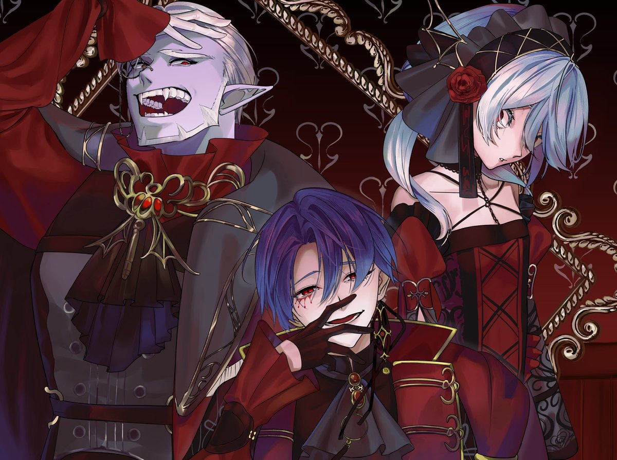 kuzuha (nijisanji) vampire red eyes 1girl 2boys multiple boys gloves dress  illustration images