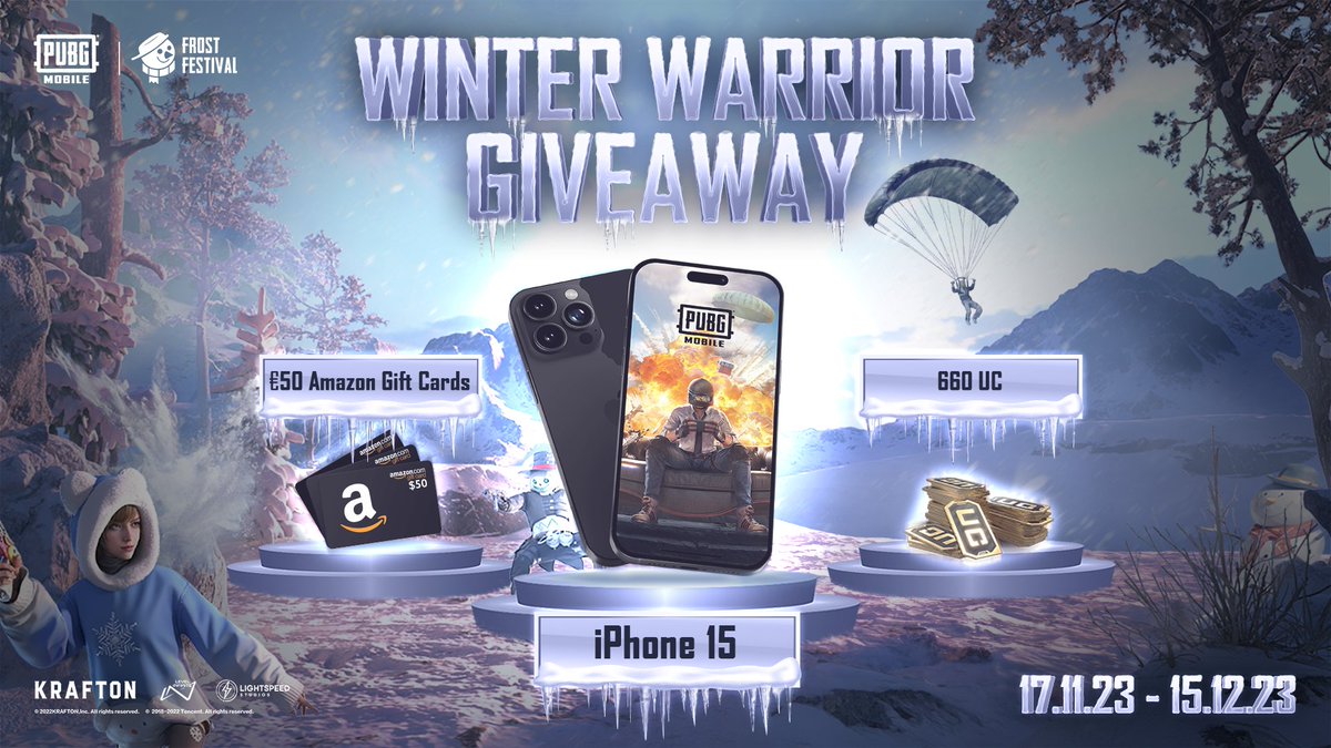 pubgm_france's tweet image. Participe à notre #WinterWarriorGiveaway pour avoir la chance de gagner l'un des 3 iPhone 15, des bons d'achat Amazon ou des UC !  

Clique sur le lien et suis-nous sur nos réseaux pour gagner. 

Bonne chance ! 🍀
🔗 bit.ly/3suvDcr

#PUBGMOBILE