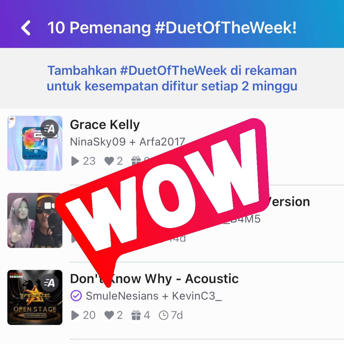 OfficialSmuleID's tweet photo. Selamat utk 10 PEMENANG #DuetOfTheWeek Smule Indonesia! 👏🏆 Klik di sini utk melihat semua Pemenang: https://t.co/3HnwiGVyXd , atau lihat di halaman Jelajah di Smule.

Mau jadi pemenang #DuetoftheWeek Indonesia? Pelajari caranya di sini: https://t.co/dq8zkXhs4b

#SmuleID #Smule https://t.co/DCzteTNuFD