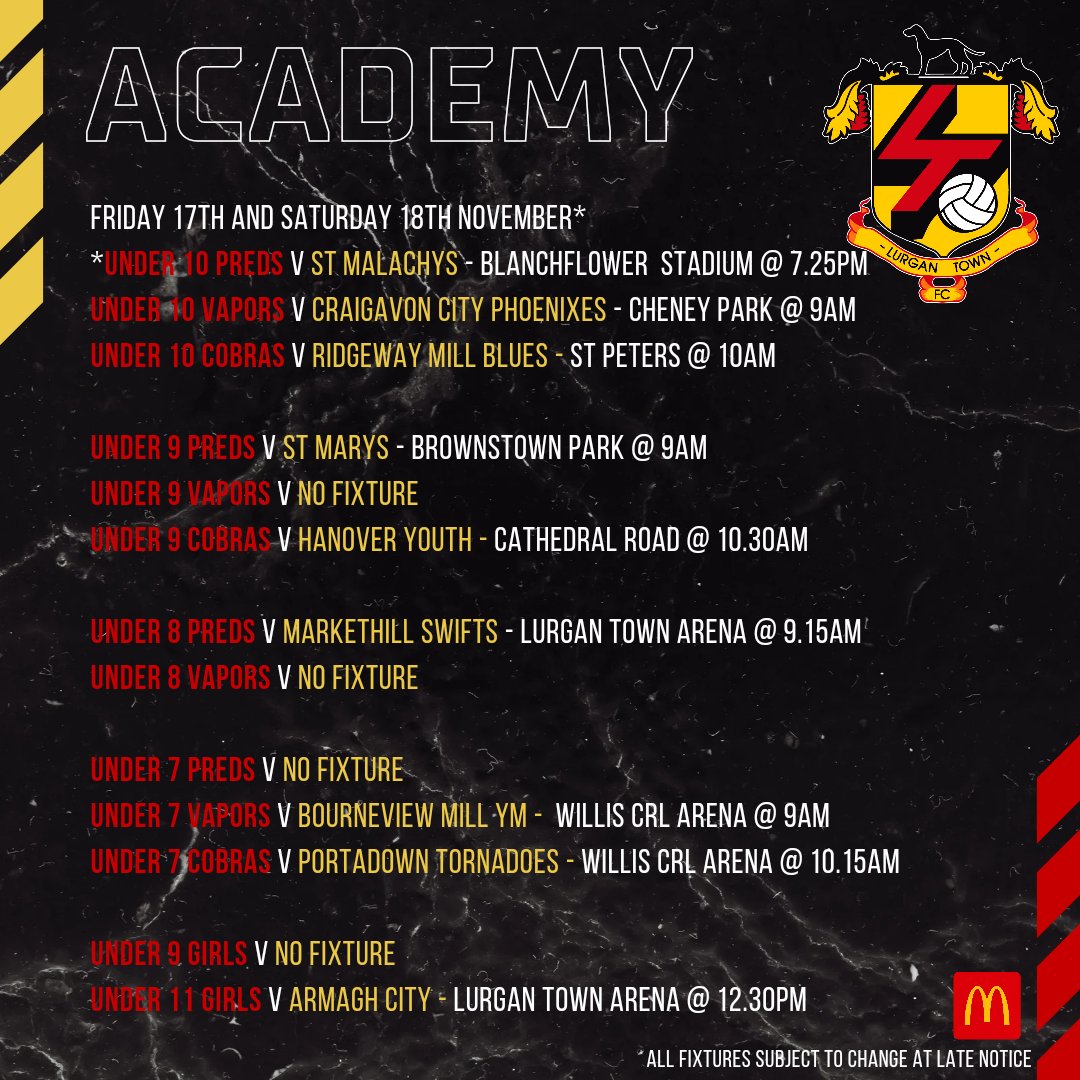 The club fixtures for this week starting tonight with games for the U10s, U13s and U17s.