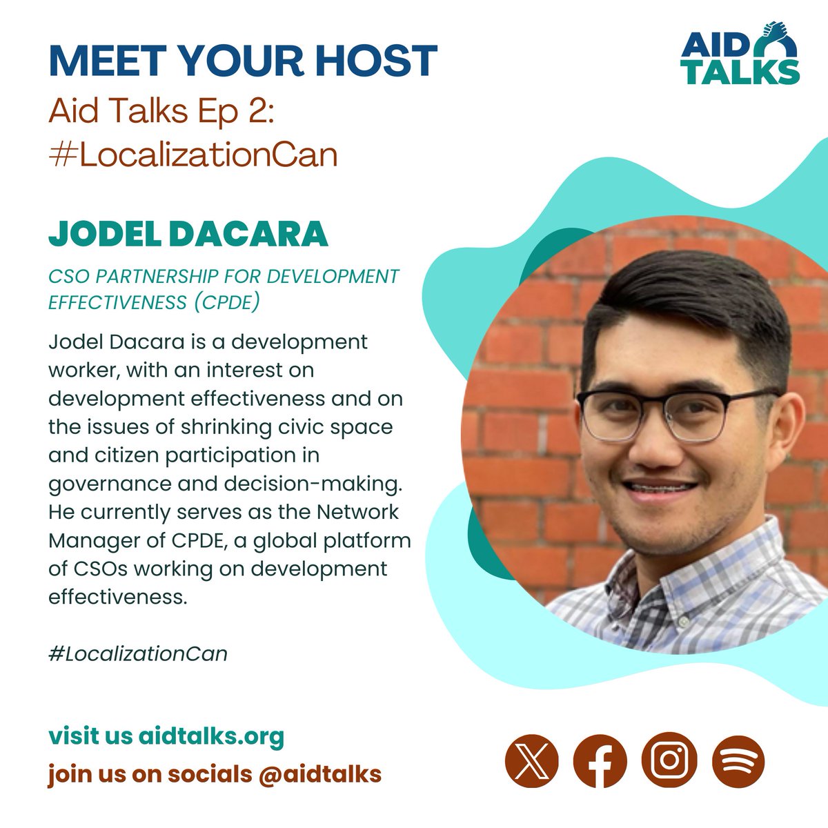 aidtalks's tweet image. In the next #AidTalks episode, esteemed guests will be tackling how #LocalizationCan serve as a tool to forward people-centered development✊🏼

Hear Manar Zaiter from @ArabNGONetwork and Jodel Dacara from @CSOPartnership_ as they unpack important ideas on the matter 😉