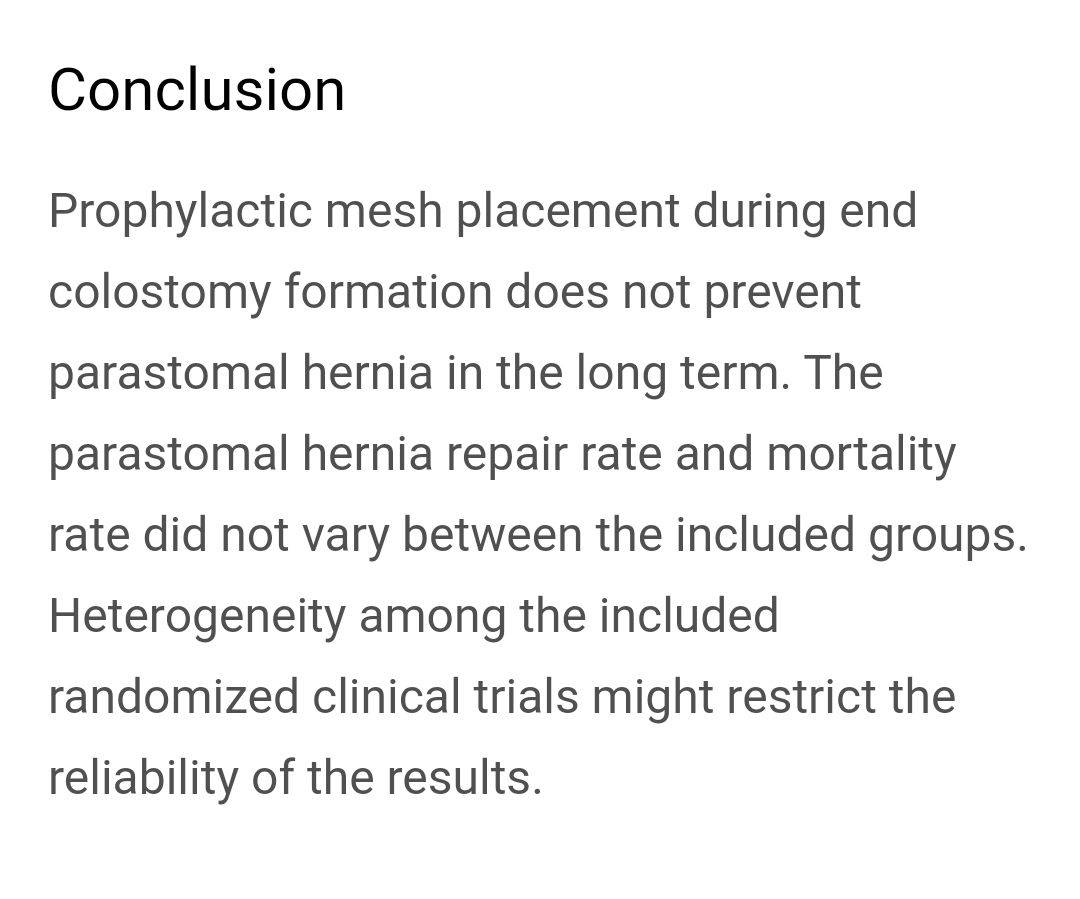 bit.ly/477blod Prophylactic mesh does not prevent #ParastomalHernia in long-term: Meta-analysis and trial sequential analysis. #HerniaSurgery #ColorectalSurgery #HerniaPrevention @SurgJournal