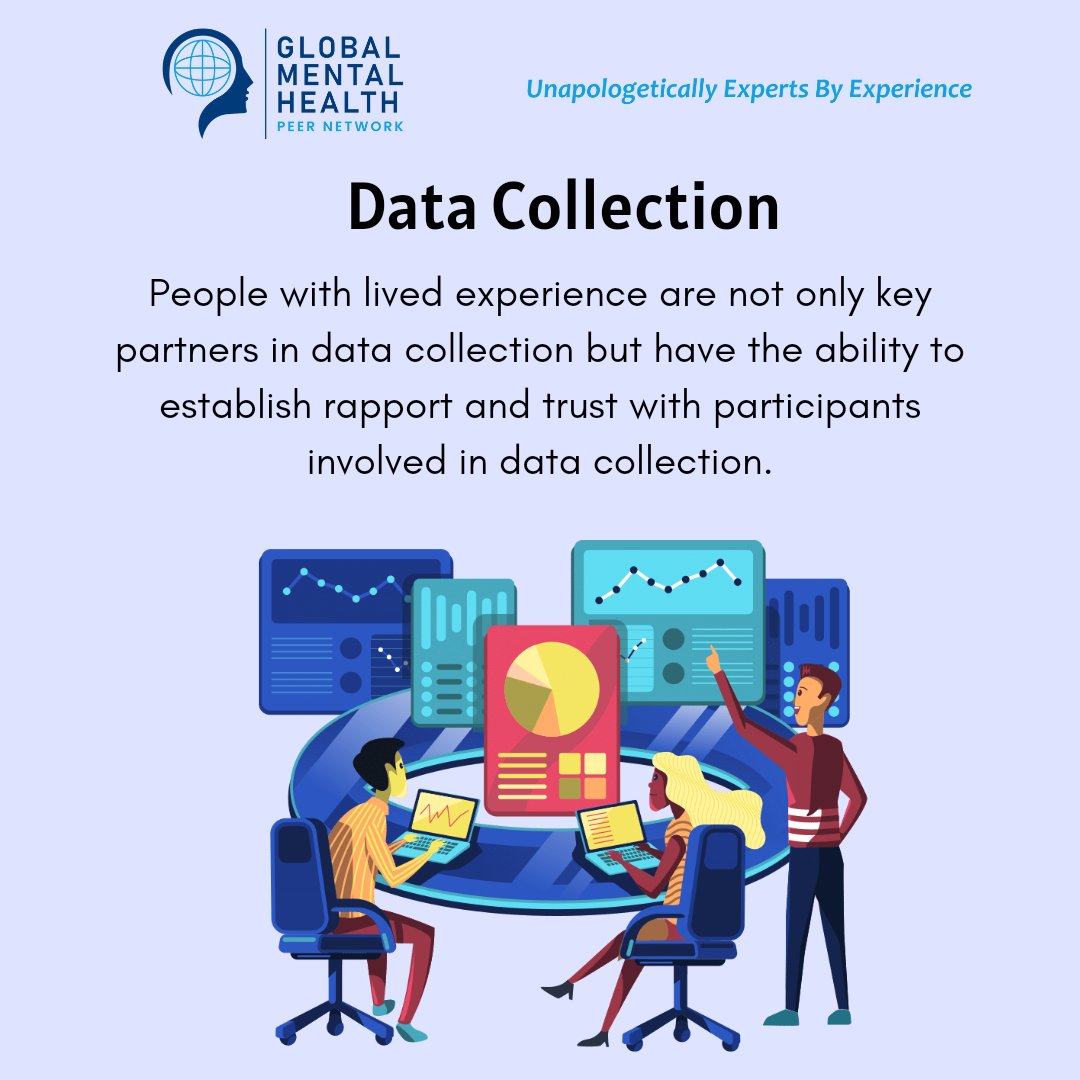 People with lived experience can play active roles in data collection, such as conducting interviews, surveys, or focus groups. They can establish rapport and trust with participants, making it easier to gather sensitive information. #livedexperience #mentalhealth #gmhpn_speakout