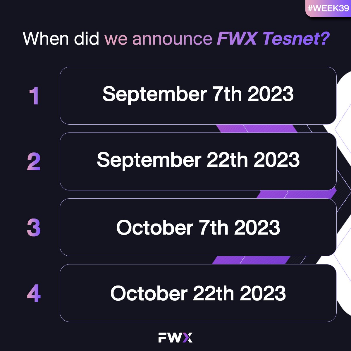 #WeeklyQuizzyQuiz — WEEK38👋 Answer this question and 5 lucky winners will receive 1000 FWX Tokens each. ✅Follow FWX ❤ Like and🔄 Retweet this post before replying your answer! ➡ Answer Format: 1 / 0x29F...95C #giveaway #airdrop #trading #CRYPTO