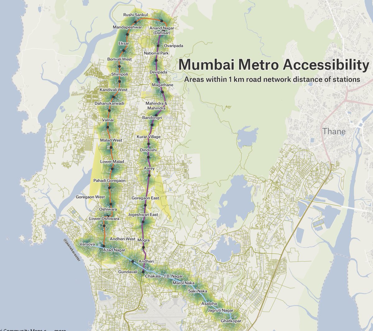 jaanekaraster's tweet photo. #Day15 of the #30DayMapChallenge: OSM

Where can commuters walk <1 km to access #mumbaimetro?

🗺 Explore with the @felt map: https://t.co/r6fVdlWiem

#OpenStreetMap #mumbai @MMMOCL_Official @MMRDAOfficial https://t.co/9o3pQRRyrj