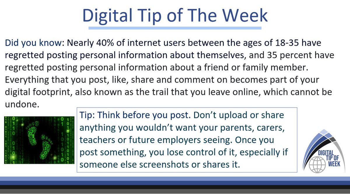 ComputingTac's tweet image. This weeks 'Digital Tip of the Week' focuses on the importance of taking time to think before you post online. Keeping a positive digital footprint can have major benefits. Do you think before you post? #TAC #DigitalTipOfTheWeek #SafeOnline