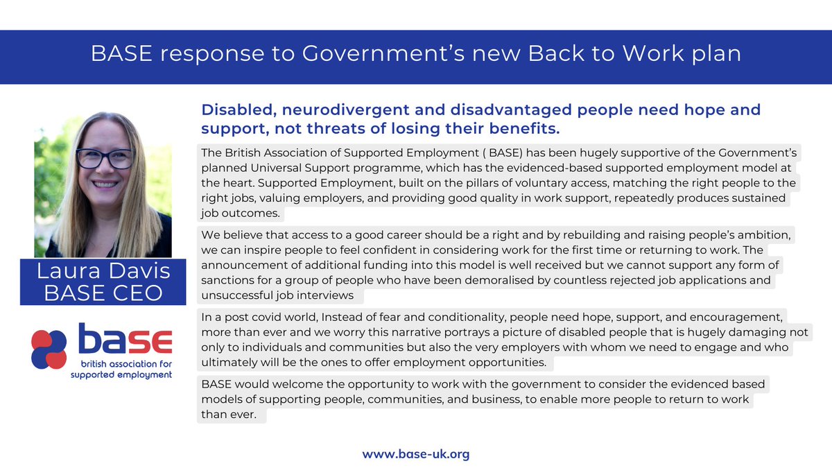 base_tweets's tweet photo. BASE welcomes the additional funding into the Universal Support programme but believes that disabled, neurodivergent and disadvantaged people need hope and support, not threats of losing their benefits.
More  https://t.co/yfOR689mfA
#DisabilityConfidenceIn Action #BackToWorkPlan https://t.co/xEyf3WDfao