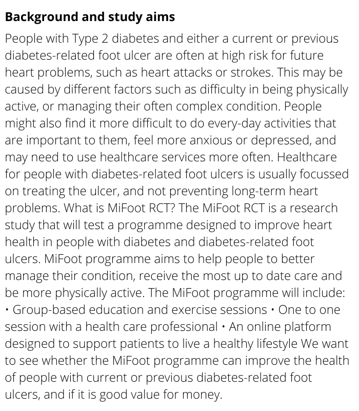 ISRCTN's tweet photo. MiFoot – reducing heart disease risk in those with a history of diabetic foot ulcers. The MiFoot RCT registered at #ISRCTN by @kamleshkhunti @NIHRresearch @DiabetesUK

https://t.co/4SzoxXoq2h

#clinicaltrials https://t.co/N4XDLcHBT1