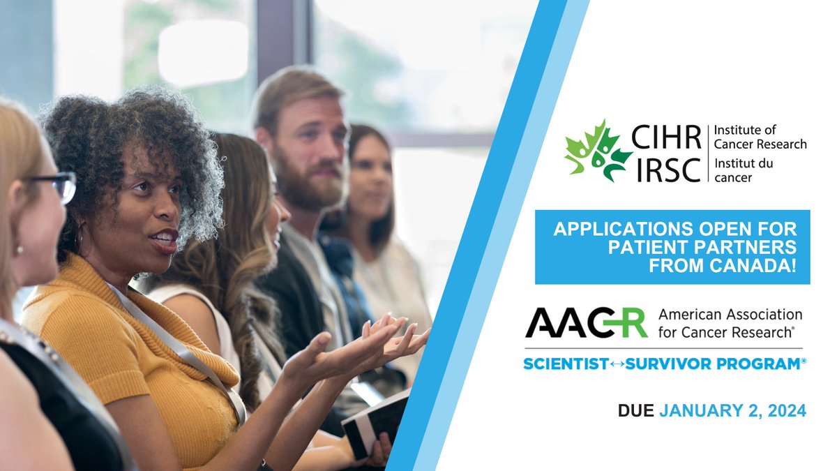 📢Calling all patient partners! ICR is partnering with @AACR to co-sponsor patient partners from Canada to participate in the Scientist↔Survivor Program, happening in San Diego, California from April 5-10, 2024. Apply now: bit.ly/47ygTrO Deadline: January 2, 2024