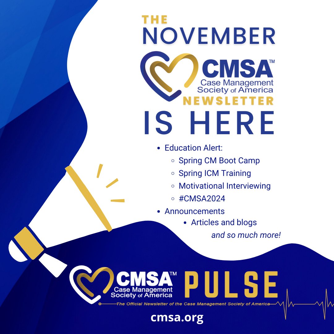 CMSANational's tweet image. CMSA November #CMSAPulse Newsletter Alert! bit.ly/CMSAPulseNov23
Don&apos;t miss out on these incredible opportunities to elevate your #CaseManagement expertise:
- CMSA Boot Camp
- Integrated Case Management
- comMIt: Motivational Interviewing
- #CMSA2024
#CMSA #ContinuingEducation