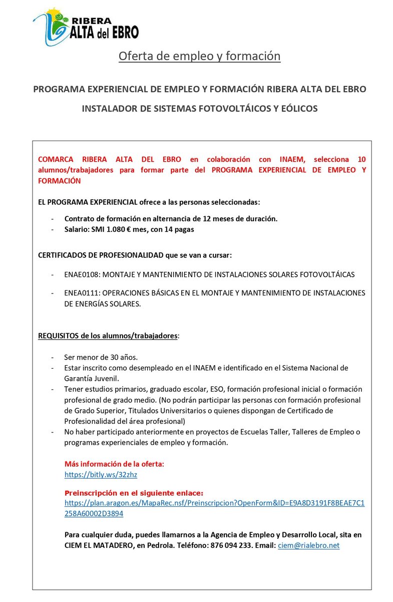 ADRAE__'s tweet photo. OFERTA DE EMPLEO Y FORMACIÓN: PROGRAMA EXPERIENCIAL DE EMPLEO Y FORMACIÓN RIBERA ALTA DEL EBRO INSTALADOR/A DE SISTEMAS FOTOVOLTÁICOS Y EÓLICOS
Para cualquier duda, CIEM EL MATADERO Telf. 876094233. Email: ciem@rialebro.net https://t.co/vwZJFzE9tU