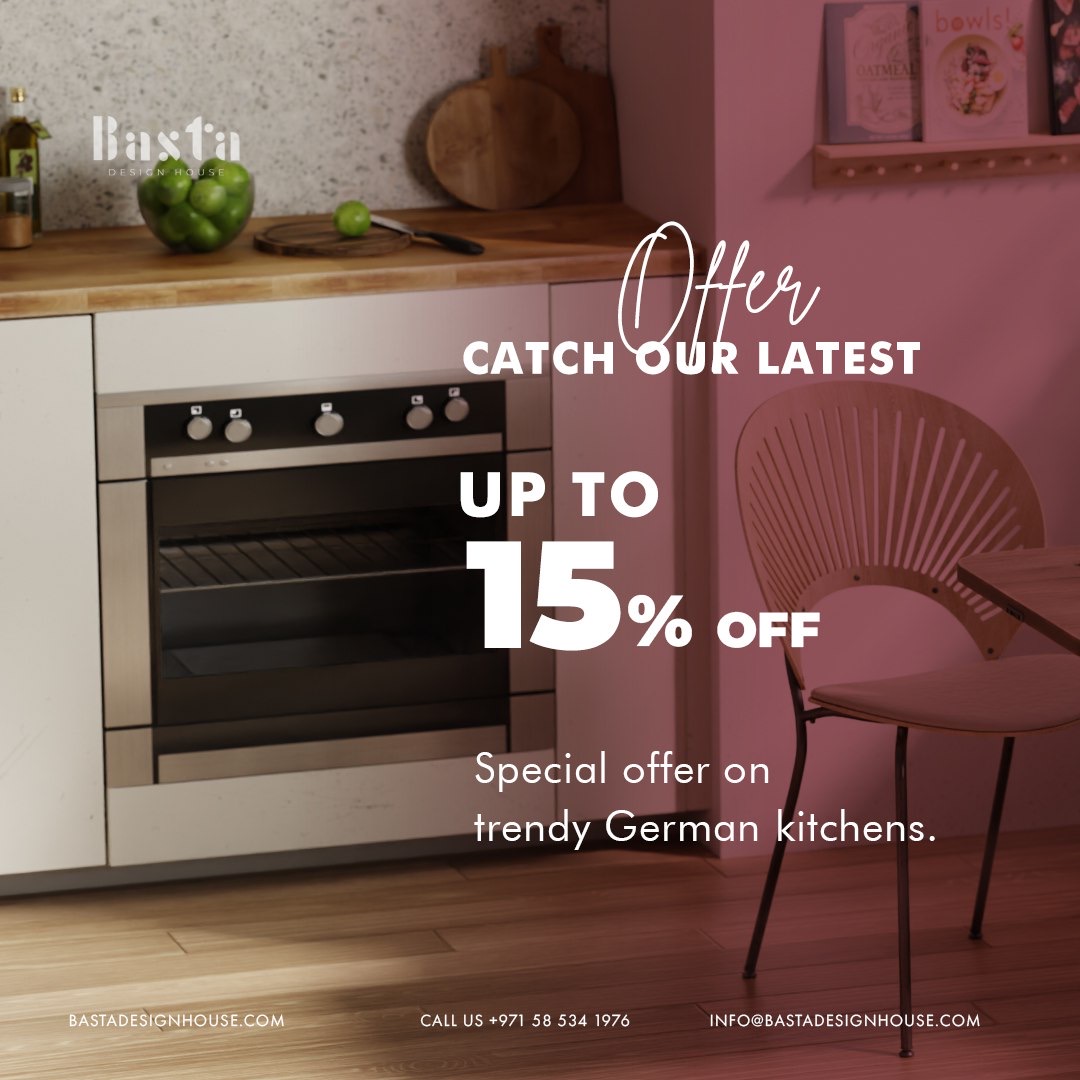 Basta Design House is offering you a 15% discount on trendy German kitchens.
Don’t miss out!
#interiordesign #kitchen #closet #dubaiinteriors #uaebusiness #discounts #germankitchen