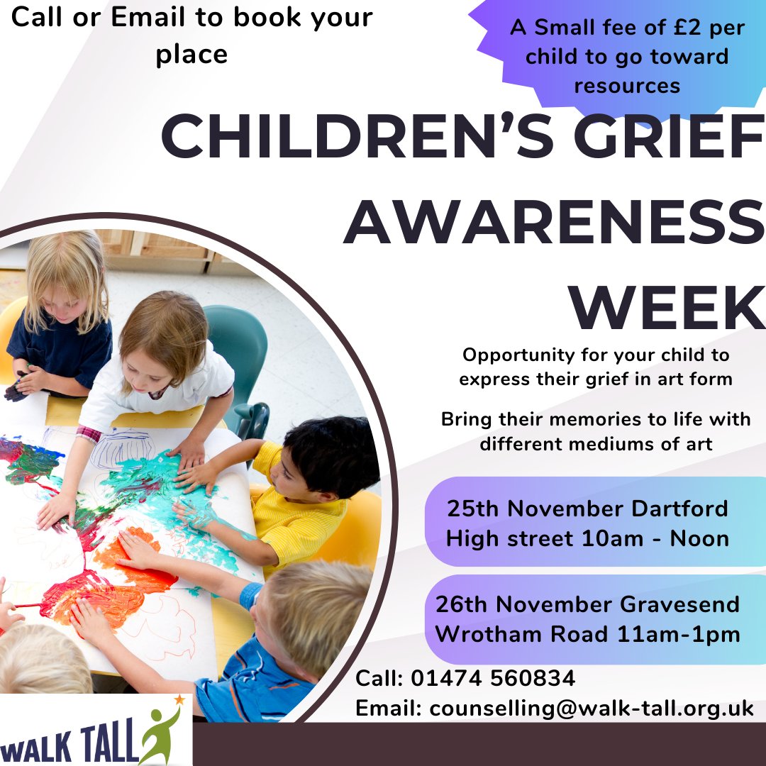 Children's grief awareness week is next week. We are holding two workshops to support children .25th and 26th November. Call or email for more information!
#childrensgriefawareness #workshop #supportingchildren #november #commemorate #dartford #gravesend #gravesham #walktall
