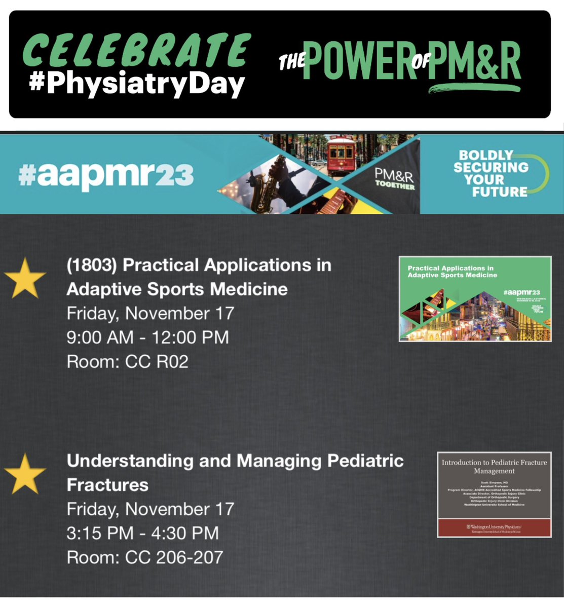 Happy #PhysiatryDay at #aapmr23 ! Hope you are able to join us in our sessions today! I’m honored to present with such talented faculty! @AAPMR @StephTowMD @DKasitinonMD @alexandrafogmd and many many more