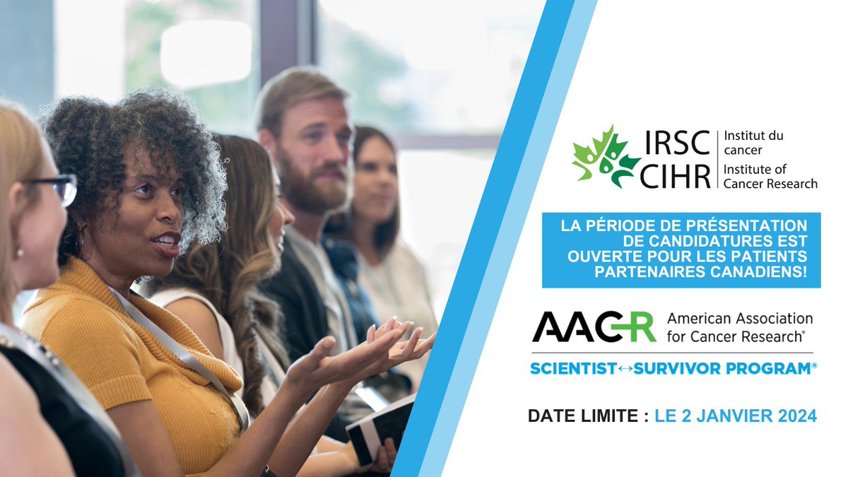 Appel à tous les patients partenaires! L’IC s’associe à l’@AACR pour coparrainer des partenaires patients canadiens qui participeront au programme Scientist↔Survivor, à San Diego, Californie, du 5 au 10 avril 2024 Date limite : le 2 janvier 2024 Détails👉bit.ly/3sBVqzk