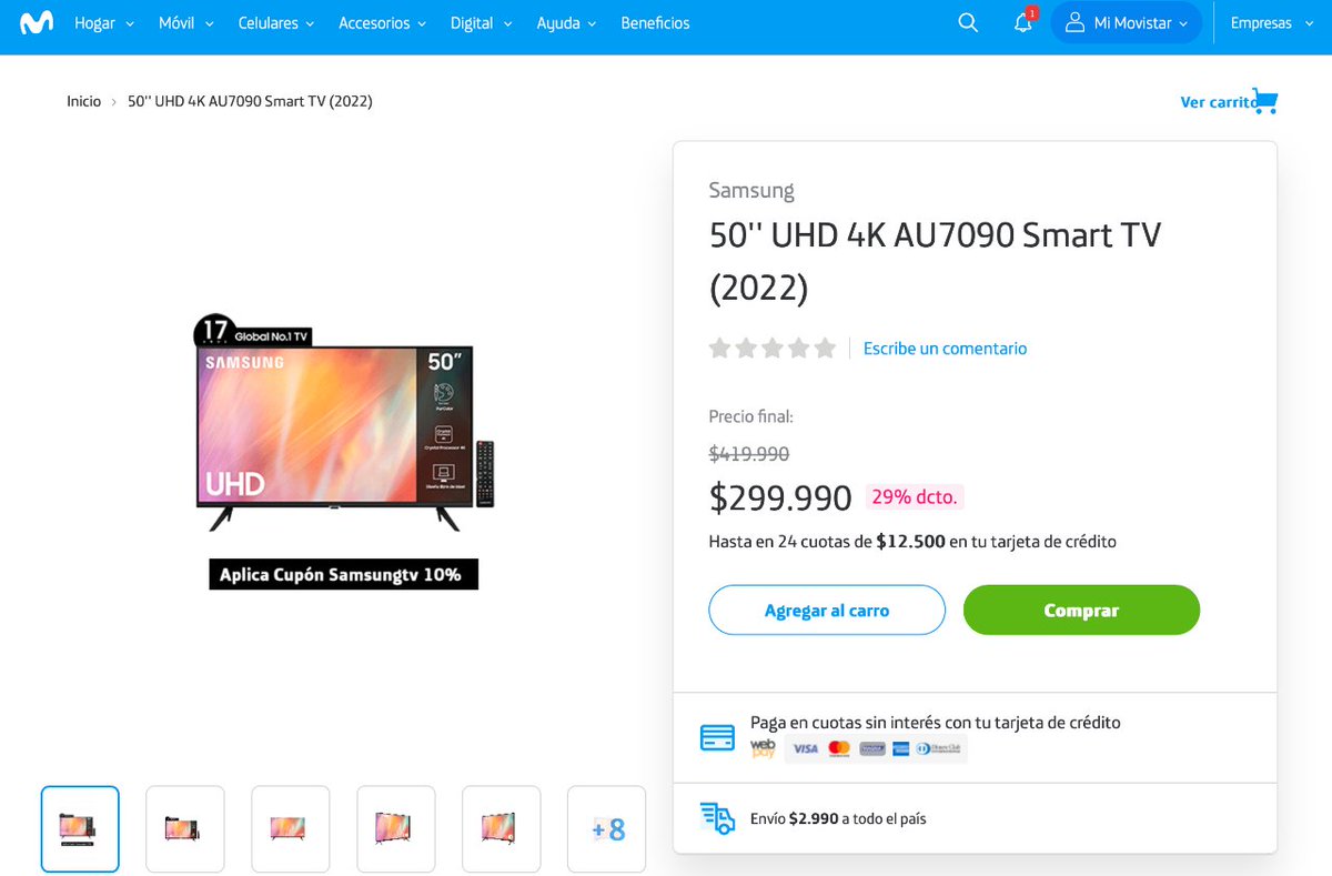 DescuentosRata's tweet photo. 📺 Smart TV LED Samsung AU7090 50'' 4K (2022) queda a $269.991 usando el cupón ✂️SAMSUNGTV con todo medio de pago en la web de Movistar.

➡️ https://t.co/Sh7r714uQY https://t.co/8iXi6DLZFF
